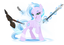 Size: 1024x725 | Tagged: safe, artist:dormin-dim, oc, oc only, oc:diamond dust, pony, unicorn, axe, battle axe, commission, diamond, evil smile, fork, grin, jewelry, looking at you, magic, necklace, pink, rapier, smiling, sword, telekinesis, two toned mane, weapon
