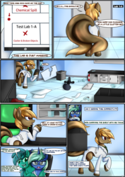Size: 2893x4092 | Tagged: safe, artist:novaspark, oc, oc only, oc:mocha glaze, oc:morpha, oc:nova spark, earth pony, goo pony, monster pony, original species, pony, tatzlpony, comic:working for a mad mare, clothes, comic, dialogue, double tail, earth pony oc, female, floppy ears, glasses, high res, hoof hold, hooves, horn, implied tail hole, indoors, lab coat, lidded eyes, male, map, multiple tails, open mouth, open smile, paper, prehensile tail, raised eyebrow, raised leg, rear view, shading, signature, slime, smiling, speech bubble, stallion, standing, tail, unshorn fetlocks, wavy mouth