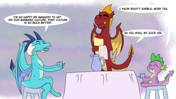 Size: 754x425 | Tagged: safe, artist:chedx, garble, princess ember, spike, dragon, g4, commission, cup, dragoness, female, food, nightmare, tea, teacup, towel, winged spike, wings