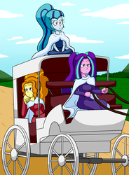 Size: 1122x1521 | Tagged: safe, artist:jake heritagu, adagio dazzle, aria blaze, sonata dusk, comic:aria's archives, equestria girls, g4, carriage, clothes, dress, female, pigtails, ponytail, robe, smiling, twintails, wagon