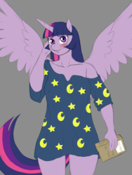 Size: 1200x1600 | Tagged: safe, alternate version, artist:lurking tyger, twilight sparkle, alicorn, anthro, g4, book, clothes, female, mare, pajamas, simple background, smiling, solo, twilight sparkle (alicorn)