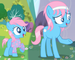 Size: 3680x2928 | Tagged: safe, artist:razorbladetheunicron, lotus blossom, earth pony, pony, lateverse, g4, alternate universe, base used, clothes, duo, eyeshadow, female, filly, foal, headband, high res, makeup, sweater, teenager