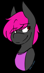 Size: 1012x1664 | Tagged: safe, artist:speaks-in-sketches, oc, oc only, oc:patches pinkgem, pony, black fur, bust, clothes, femboy, male, pink hair, pink shirt, portrait, red eyes, simple background, smug, solo, tank top