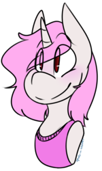 Size: 1009x1677 | Tagged: safe, artist:speaks-in-sketches, oc, oc only, oc:cloud pink, pony, unicorn, blushing, bust, clothes, eye clipping through hair, femboy, male, no pupils, pink hair, pink shirt, portrait, red eyes, simple background, smiling, solo, stallion, tank top, transparent background, white fur