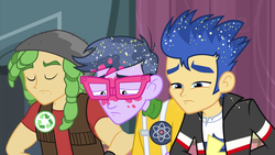 Size: 1280x720 | Tagged: safe, screencap, flash sentry, microchips, sandalwood, a banner day, equestria girls, g4, clothes, eyes closed, glasses, jacket, male, messy hair, trio