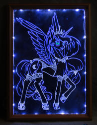 Size: 1024x1310 | Tagged: safe, artist:irfp250n, artist:longinius, princess luna, alicorn, pony, g4, acrylic plastic, acrylight, blushing, clothes, concave belly, craft, craft for the fearless, engraving, female, garter belt, jewelry, led, lingerie, mare, necklace, raised hoof, slender, smiling, solo, spread wings, standing, sternocleidomastoid, stockings, thin, tiara, underwear, white underwear, wings