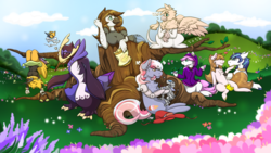 Size: 1920x1080 | Tagged: safe, artist:artsbymilky, shining armor, oc, empoleon, griffon, pony, robot, anthro, g4, amputee, anthro oc, anthro with ponies, canon x oc, gift art, glasses, griffon oc, group, pokémon, prosthetic limb, prosthetics