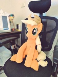 Size: 768x1024 | Tagged: safe, artist:nekokevin, applejack, earth pony, pony, g4, applejack's hat, chair, cowboy hat, female, freckles, hat, irl, mare, photo, plushie, sewing, sitting, smiling, solo