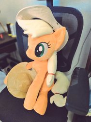 Size: 768x1024 | Tagged: safe, artist:nekokevin, applejack, earth pony, pony, g4, applejack's hat, chair, cowboy hat, female, freckles, hat, irl, mare, photo, plushie, sewing machine, sitting, smiling, solo