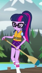 Size: 417x714 | Tagged: safe, screencap, sci-twi, twilight sparkle, equestria girls, g4, my little pony equestria girls: legend of everfree, cropped, female, mountain, oar, pier, solo