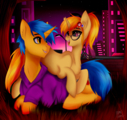 Size: 3179x3000 | Tagged: safe, artist:sinigam41, oc, oc:code sketch, oc:nenenyaa, pony, unicorn, city, clothes, commission, female, friendshipping, glasses, hairpin, high res, hoodie, just friends, looking at each other, male, mare, night, not shipping, stallion, ych result