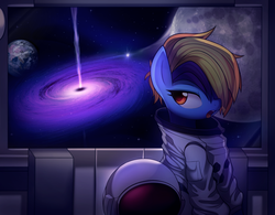 Size: 3071x2400 | Tagged: safe, artist:maren, oc, oc only, pony, astronaut, clothes, commission, earth, hair over one eye, high res, not rainbow dash, quasar, solo, space, spacesuit, window