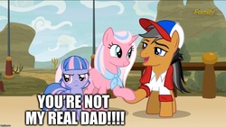 Size: 1136x640 | Tagged: safe, edit, edited screencap, screencap, clear sky, quibble pants, wind sprint, earth pony, pegasus, pony, unicorn, common ground, g4, caption, excessive exclamation marks, female, filly, foal, image macro, male, mare, neckerchief, stallion, text, trio