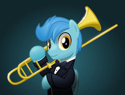 Size: 800x606 | Tagged: safe, artist:jhayarr23, oc, oc only, oc:center stage, pegasus, pony, bowtie, bust, clothes, cute, formal wear, male, musical instrument, simple background, solo, stallion, suit, trombone, tuxedo
