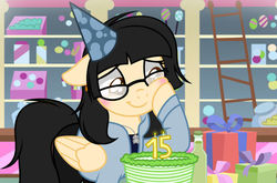 Size: 1280x846 | Tagged: safe, artist:xxmaikhanhflarexx, oc, oc only, oc:khanh, pegasus, pony, cake, clothes, female, food, glasses, hat, mare, party hat, solo