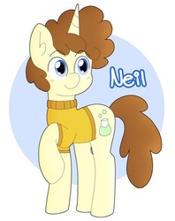 Size: 811x1024 | Tagged: safe, artist:taffyywa, pony, unicorn, camp camp, colt, foal, male, neil (camp camp), ponified, rooster teeth, smiling, solo