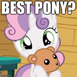 Size: 400x400 | Tagged: safe, artist:jan, edit, sweetie belle, pony, unicorn, ask the crusaders, g4, best pony, caption, cropped, female, image macro, solo, teddy bear, text