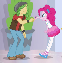 Size: 618x630 | Tagged: safe, screencap, pinkie pie, sandalwood, a fine line, equestria girls, equestria girls series, g4, clothes, cropped, eyes closed, female, geode of sugar bombs, magical geodes, male, pants, pantyhose, sandals, shipping fuel, shoes, skirt, smiling