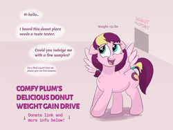 Size: 4000x3000 | Tagged: safe, artist:comfyplum, part of a set, oc, oc:comfy plum, pegasus, pony, series:comfy plum's delicious donut drive, chest fluff, female, hooves together, incentive drive, ko-fi, mare, open mouth, smiling, weight gain comic, weight gain sequence, wings