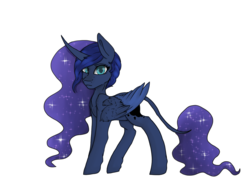 Size: 1600x1200 | Tagged: safe, artist:crazysurprise, princess luna, pony, g4, colored pupils, curved horn, female, horn, leonine tail, simple background, solo, two toned wings, white background