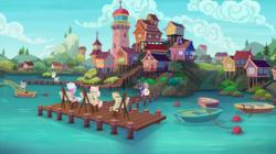 Size: 2100x1180 | Tagged: safe, screencap, apple rose, spike, twilight sparkle, alicorn, dragon, pony, g4, the point of no return, background pony, boat, easel, female, hill, lighthouse, male, mare, painting, pier, rowboat, seaward shoals, stallion, twilight sparkle (alicorn), unnamed character, unnamed pony, village, winged spike, wings