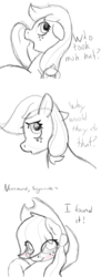Size: 1408x3872 | Tagged: safe, artist:lurker, applejack, earth pony, pony, g4, applejack's hat, black and white, blushing, cowboy hat, cute, dialogue, eye clipping through hair, female, grayscale, hat, jackabetes, mare, monochrome, open mouth, partial color, sad, simple background, sketch, talking, text, white background