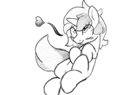 Size: 1440x1080 | Tagged: safe, artist:lurker, oc, oc:lurker, pony, unicorn, black and white, blushing, grayscale, heart, lying down, monochrome, sketch