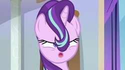 Size: 1200x675 | Tagged: safe, screencap, starlight glimmer, pony, unicorn, g4, season 9, the beginning of the end, bust, derp, faic, female, hair flip, majestic as fuck, mare, open mouth, school of friendship, solo