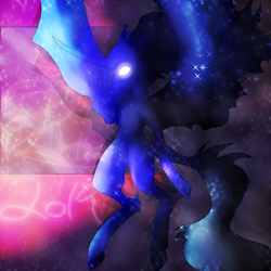 Size: 5800x5800 | Tagged: safe, artist:florarena-kitasatina/dragonborne fox, tantabus, semi-anthro, g4, absurd resolution, arm hooves, curved horn, glowing eyes, horn, signature, space, watermark