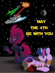 Size: 3584x4699 | Tagged: safe, artist:ejlightning007arts, tempest shadow, twilight sparkle, alicorn, pony, unicorn, g4, angry, crossover, death star, explosion, implied lesbian, implied tempestlight, may the fourth be with you, millenium falcon, princess leia, slave leia outfit, star wars, starfighter, stars, starship, tie fighter, twilight sparkle (alicorn)
