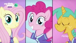 Size: 1920x1080 | Tagged: safe, screencap, fluttershy, pinkie pie, snails, pony, unicorn, common ground, g4, blue background, buckball uniform, clothes, colt, discovery family logo, eyes closed, female, jersey, male, mare, pink background, purple background, simple background, split screen, trio