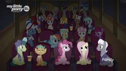 Size: 1920x1080 | Tagged: safe, screencap, berry punch, berryshine, carrot top, cherry cola, cherry fizzy, comet tail, daisy, derpy hooves, flower wishes, fluttershy, golden harvest, goldengrape, lyra heartstrings, mochaccino, pinkie pie, pokey pierce, rainbow dash, rainbow stars, rare find, royal riff, sir colton vines iii, snails, sunshower raindrops, team spirit, twinkleshine, written script, earth pony, pegasus, pony, unicorn, common ground, g4, adaisable, adorableshine, background pony, berrybetes, clothes, colt, cute, cutie top, diasnails, discovery family logo, eating, female, foal, food, hat, irrational exuberance, jersey, lyrabetes, male, mare, popcorn, shyabetes, smiling, stallion, theater, wall of tags