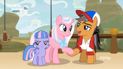 Size: 1920x1080 | Tagged: safe, screencap, clear sky, quibble pants, wind sprint, earth pony, pegasus, pony, unicorn, common ground, g4, all new, appleloosa, discovery family logo, female, filly, foal, holding hooves, male, mare, stallion, text, trio