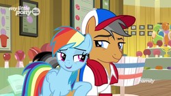 Size: 1920x1080 | Tagged: safe, screencap, quibble pants, rainbow dash, earth pony, pegasus, pony, common ground, g4, baseball cap, buckball museum, cap, clothes, discovery family logo, duo, female, hat, lidded eyes, male, mare, nudge, out of context, scarf, shirt, stallion
