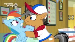Size: 1920x1080 | Tagged: safe, screencap, quibble pants, rainbow dash, earth pony, pegasus, pony, common ground, g4, baseball cap, boop, buckball museum, cap, clothes, discovery family logo, duo, female, hat, male, mare, noseboop, shirt, stallion