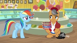 Size: 1920x1080 | Tagged: safe, screencap, quibble pants, rainbow dash, earth pony, pegasus, pony, common ground, g4, ball, baseball cap, basket, buckball museum, cap, clothes, discovery family logo, duo, female, hat, hoof hold, male, mare, museum, shirt, stallion