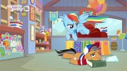Size: 1920x1080 | Tagged: safe, screencap, quibble pants, rainbow dash, earth pony, pegasus, pony, common ground, g4, baseball cap, book, cap, clothes, dejected, discovery family logo, duo, female, flying, hat, male, mare, prone, shirt, stallion, store