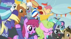 Size: 1676x939 | Tagged: safe, screencap, berry punch, berryshine, bon bon, comet tail, dark moon, derpy hooves, dizzy twister, doctor whooves, graphite, lyra heartstrings, meadow song, orange swirl, pokey pierce, royal riff, sweetie drops, time turner, earth pony, pegasus, pony, unicorn, common ground, g4, background pony, clothes, face paint, female, hat, jersey, male, mare, stallion