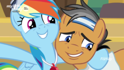 Size: 1920x1080 | Tagged: safe, screencap, quibble pants, rainbow dash, earth pony, pegasus, pony, common ground, g4, coach rainbow dash, cute, dashabetes, discovery family logo, duo, female, grin, male, mare, nervous, nervous smile, smiling, stallion, whistle