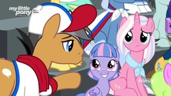 Size: 1920x1080 | Tagged: safe, screencap, clear sky, daisy, flower wishes, neon lights, pokey pierce, quibble pants, rising star, sunshower raindrops, wind sprint, earth pony, pegasus, pony, unicorn, common ground, g4, baseball cap, cap, cute, discovery family logo, female, filly, foal, hat, male, mare, neckerchief, sprintabetes, stallion