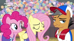 Size: 1920x1080 | Tagged: safe, screencap, fluttershy, pinkie pie, quibble pants, earth pony, pegasus, pony, common ground, g4, aside glance, baseball cap, cap, clothes, discovery family logo, eyes closed, female, hat, male, mare, scarf, shirt, stallion, trio