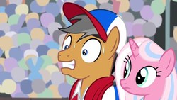 Size: 1920x1080 | Tagged: safe, screencap, clear sky, quibble pants, earth pony, pony, unicorn, common ground, g4, baseball cap, cap, clothes, discovery family logo, duo, female, hat, male, mare, nervous, shirt, stallion, sweat