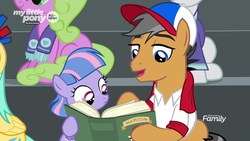 Size: 1920x1080 | Tagged: safe, screencap, daisy, flower wishes, quibble pants, sunshower raindrops, wind sprint, earth pony, pegasus, pony, common ground, g4, baseball cap, book, cap, clothes, discovery family logo, duo focus, female, filly, foal, hat, male, mare, scarf, shirt, stallion