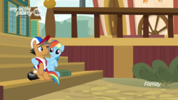 Size: 1920x1080 | Tagged: safe, screencap, quibble pants, rainbow dash, earth pony, pegasus, pony, common ground, g4, baseball cap, cap, clothes, cute, dashabetes, discovery family logo, duo, female, hat, male, mare, shirt, stallion