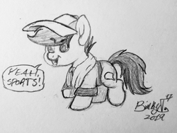 Size: 2864x2148 | Tagged: safe, artist:binkyt11, derpibooru exclusive, quibble pants, earth pony, pony, common ground, g4, beanbrows, chibi, eyebrows, high res, male, monochrome, signature, solo, speech bubble, sports, stallion, that was fast, traditional art