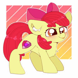 Size: 2000x2000 | Tagged: safe, artist:etoz, apple bloom, earth pony, pony, g4, :p, abstract background, adorabloom, apple bloom's bow, backwards cutie mark, belly fluff, blushing, bow, chest fluff, colored eyebrows, cute, cutie mark, ear fluff, eyebrows, female, filly, floppy ears, fluffy, gradient background, hair bow, high res, looking up, mlem, silly, smiling, smirk, solo, the cmc's cutie marks, tongue out