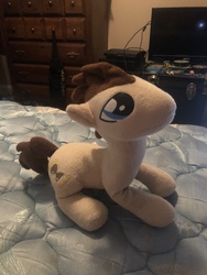 Size: 4032x3024 | Tagged: safe, artist:undeadponysoldier, photographer:undeadponysoldier, doctor whooves, time turner, earth pony, pony, g4, bag, bed, drawer, irl, male, no mouth, photo, playstation, plushie, solo, stallion, television, xbox one