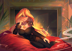 Size: 1400x990 | Tagged: safe, artist:bakki, sunset shimmer, human, equestria girls, g4, barefoot, big breasts, breasts, busty sunset shimmer, cabin, cleavage, clothes, commission, feet, female, fireplace, humanized, jewelry, lounging, necklace, sexy, solo, stupid sexy sunset shimmer