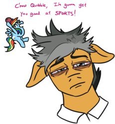 Size: 743x804 | Tagged: safe, artist:jargon scott, quibble pants, rainbow dash, earth pony, pegasus, pony, common ground, g4, bags under eyes, ball, bloodshot eyes, duo, female, floppy ears, just, just fuck my shit up, lidded eyes, male, mare, meme, ponified meme, simple background, sports, stallion, tired, white background