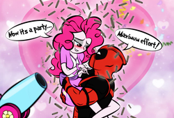 Size: 1440x976 | Tagged: safe, artist:dan232323, pinkie pie, human, equestria girls, g4, blushing, breasts, bullet casing, butt touch, cleavage, confetti, crack shipping, crossover, crossover shipping, deadpool, dialogue, female, hand on butt, heart, holding, lip bite, love, male, older, party cannon, pinkiepool (pairing), shipping, straight